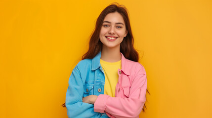 Mulher sorrindo de braços cruzados vestindo azul e rosa no fundo amarelo