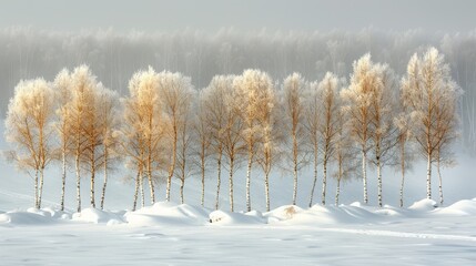   A painting of a row of trees in a snowy field with snow on the ground