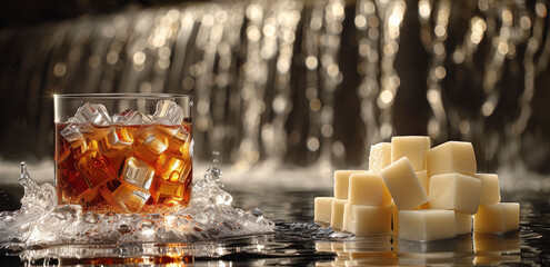   A glass of ice with cubes sitting atop a table, accompanied by a pile of extra ice cubes nearby