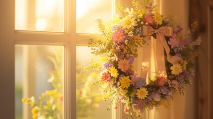A wreath hanging from a window with flowers in it, AI