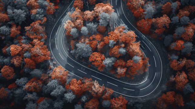 An aerial view of a winding road surrounded by trees, AI