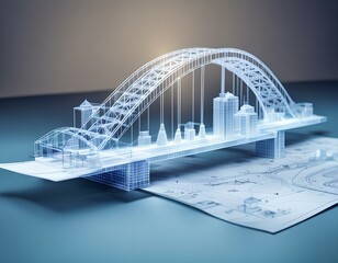 Model Of A Bridge With City In The Background. Generative AI