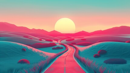 A road leading to a sunset in the middle of nowhere, AI - obrazy, fototapety, plakaty