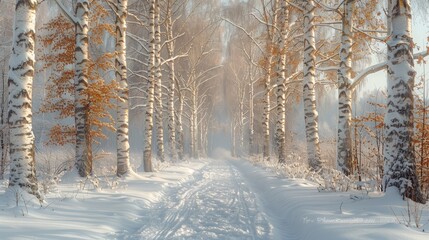Fototapeta premium Snowy forest road, trees lined both sides, snow beneath