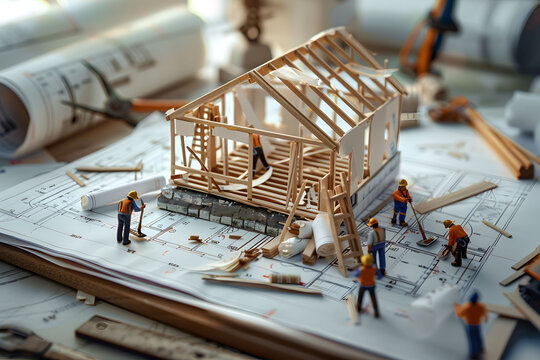 Tilt shift photo of miniature construction workers building a house from blueprints, with rolls and plans in the background. House under construction on blueprints with rolled architectural drawings.
