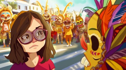 a cartoon illustration of a girl in glasses who stands in front of a carnival procession, but all the bright costumes and masks are presented in the form of vague and indefinite images --no text