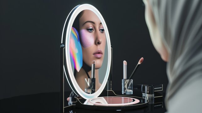 An image of a halogram mirror that projects virtual makeup onto the clientâ€™s face, helping him choose the appropriate look and shades of cosmetics. --no text, titles --ar 16:9 --quality 0.5 -