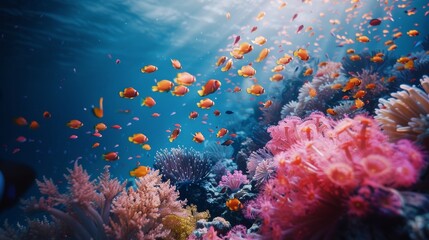 Immersive underwater world  vibrant coral reef and colorful fishes in high definition ocean scene - obrazy, fototapety, plakaty