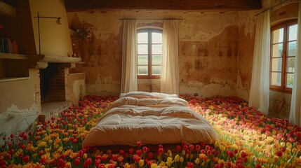   A room with a bed adorned with tulips on the floor, a window, and a fireplace