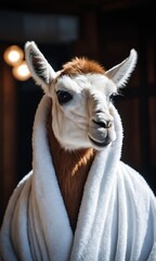 Fototapeta premium Portrait of a white alpaca wearing a white bathrobe in the mountains