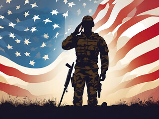 Honoring Memorial Day in the USA with a powerful vector illustration of a soldier saluting, symbolizing remembrance and respect. Silhouette of a military man.