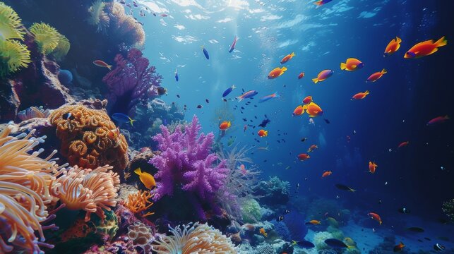 Vibrant coral reef in deep ocean with colorful fish, high res underwater photography