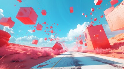 A road with boxes flying in the air and a sky, AI