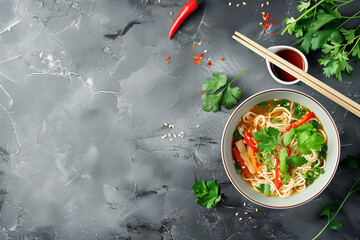 Bowl of Noodles With Vegetables and Chopsticks - obrazy, fototapety, plakaty