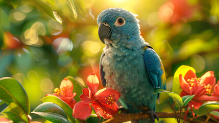 Blue Crown Conure Parrot on a tree with vivid backdrop.