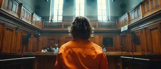 In a courtroom an inmate in an orange jumpsuit is questioned by a judge and jury denying charges and pleading innocence. Concept Legal proceedings, Criminal defense, Courtroom drama - obrazy, fototapety, plakaty