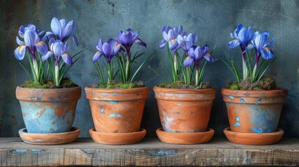   Flower Pots on Wall.A row of pots with purple flowers hanging from the side of the wall
