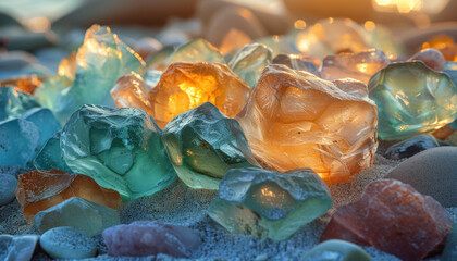 luminous sea glass gems on sandy beach at golden hour - obrazy, fototapety, plakaty
