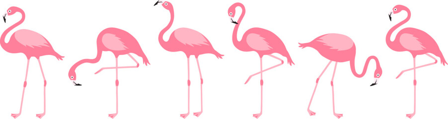 Cartoon flamingo, pink swan icon, tropical bird, summer animal set, cute zoo character isolated on white background. Exotic fauna vector illustration