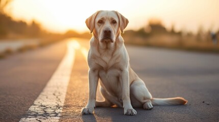 A dog sitting on the side of a road at sunset, AI - Powered by Adobe