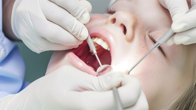 Treatment process: a dentist treats a childâ€™s teeth with safe instruments --no text, titles --ar 16:9 --quality 0.5 --stylize 0 Job ID: 87c4f255-59e3-496c-b9dd-96db049ad11a