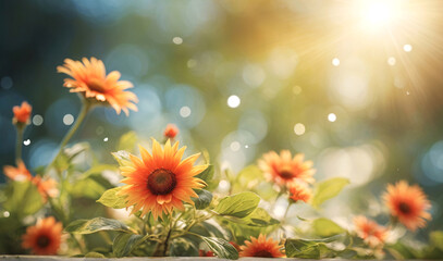 Bright spring or summer background with orange flowers and bokeh lights