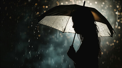Silhouette elegant female with umbrella standing under rain at night