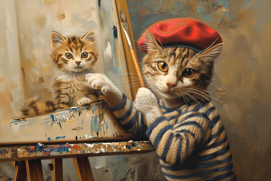 Cat, the artist,  in French beret is painting the cute little kitten.