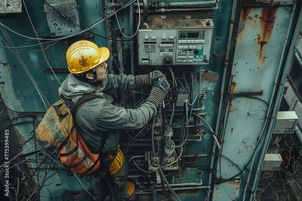Poster Man in Hard Hat Operating Machine