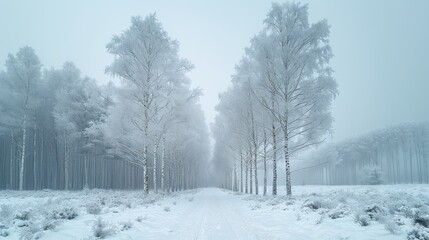   A snow-covered road is surrounded by trees in a forest, with snow on the ground