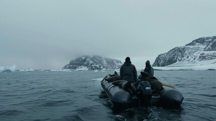 Arctic researchers on a zodiac boat observe seal colony in a serene polar landscape
