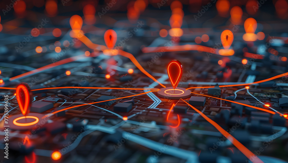 Poster a digital map featuring interconnected location pins, symbolizing global network connectivity and ge