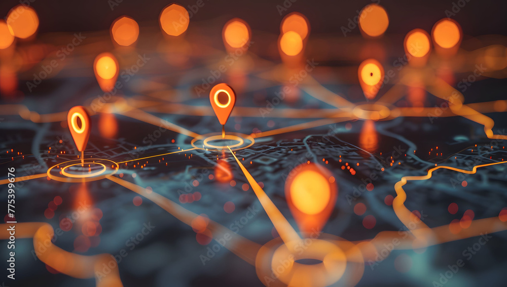 Poster a digital map featuring interconnected location pins, symbolizing global network connectivity and ge