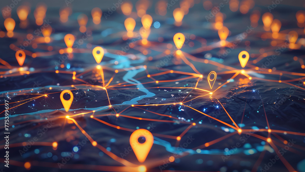 Poster a digital map featuring interconnected location pins, symbolizing global network connectivity and ge