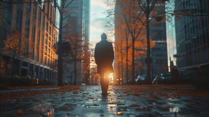 Man strolls down city street at sunset, electric blue sky reflecting in puddles - obrazy, fototapety, plakaty