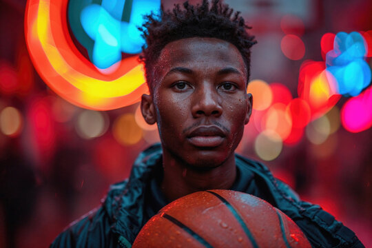 A pensive young athlete holding a basketball on a vibrant neon-lit street, captured with a generative AI touch