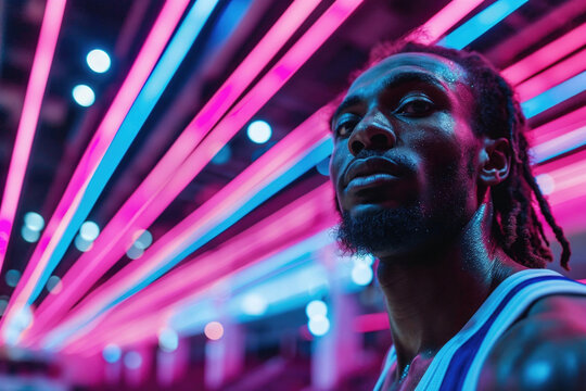 A basketball athlete stands contemplative, his features lit by the striking neon light stripes, rendered through generative AI technology
