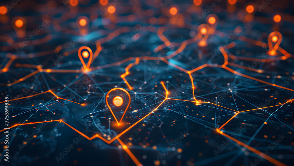 Poster a digital map featuring interconnected location pins, symbolizing global network connectivity and ge