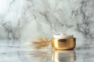 Obraz na płótnie Canvas luxury cosmetic cream jar with golden cap and delicate feather on reflective surface