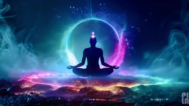 Meditation with colorful energy aura in spiritual setting. Yoga lotus pose