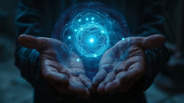 A person is holding a bright blue hologram with an image of the atomic structure.