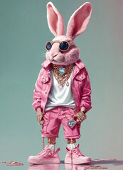 A Pink Rabbit Sporting Shorts, Sneakers, Diamond Teeth, Jewelry, and Rings