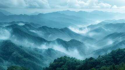   A bird's-eye view of mountains shrouded in fog and mist - obrazy, fototapety, plakaty