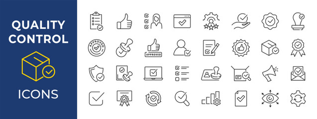 Quality control icons set. Inspection, approve, product, process. Vector