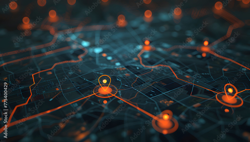 Poster a digital map featuring interconnected location pins, symbolizing global network connectivity and ge