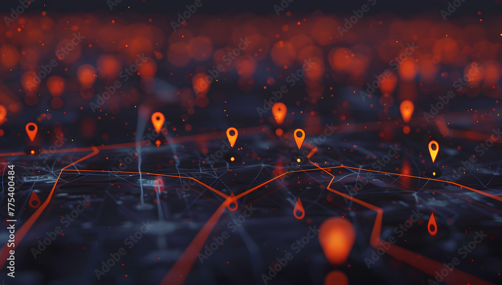 Poster a digital map featuring interconnected location pins, symbolizing global network connectivity and ge