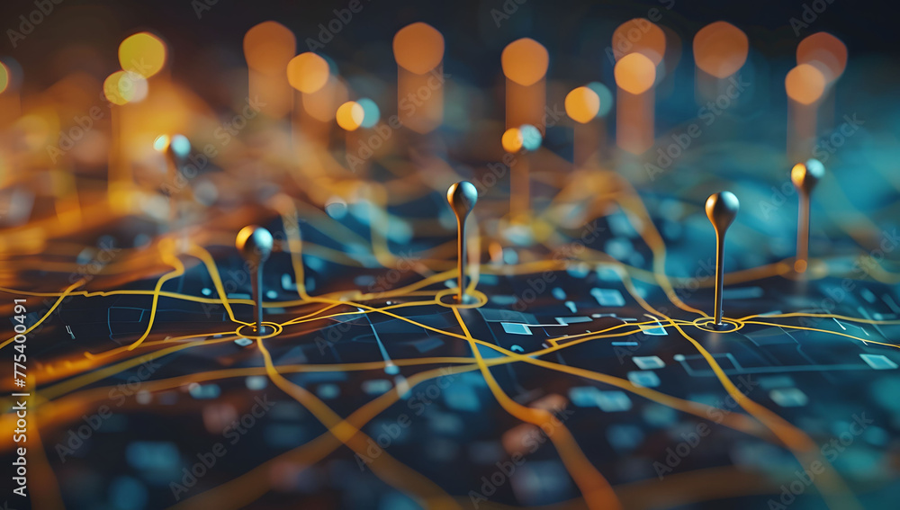 Poster a digital map featuring interconnected location pins, symbolizing global network connectivity and ge