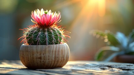   A macro shot of a mini cactus inside a wooden planter set on a table with a golden ray emanating from behind