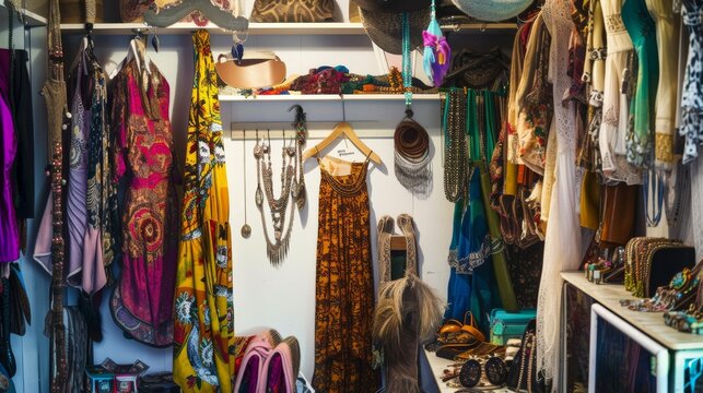 An image of a bohemian-style dressing room, where vintage dresses, colorful scarves, eclectic jewelry and original accessories are displayed on shelves and hangers, creating an atmosphere of