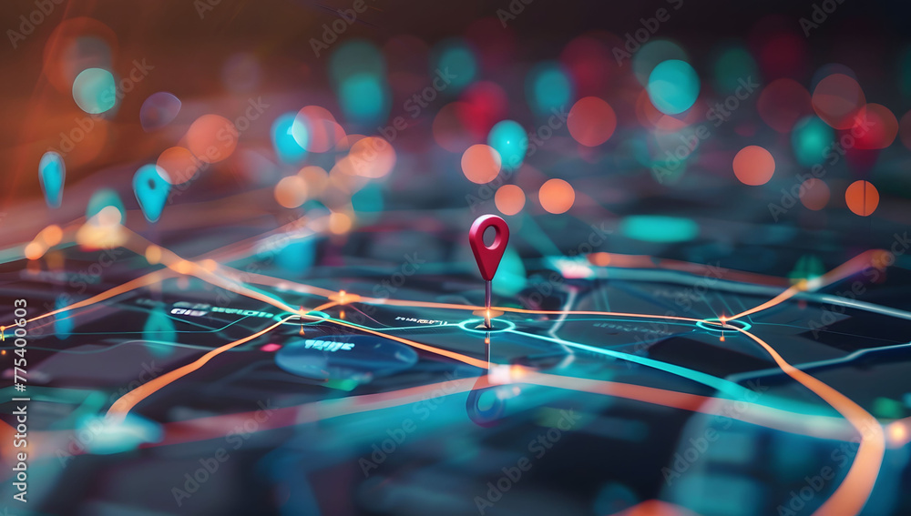 Poster a digital map featuring interconnected location pins, symbolizing global network connectivity and ge